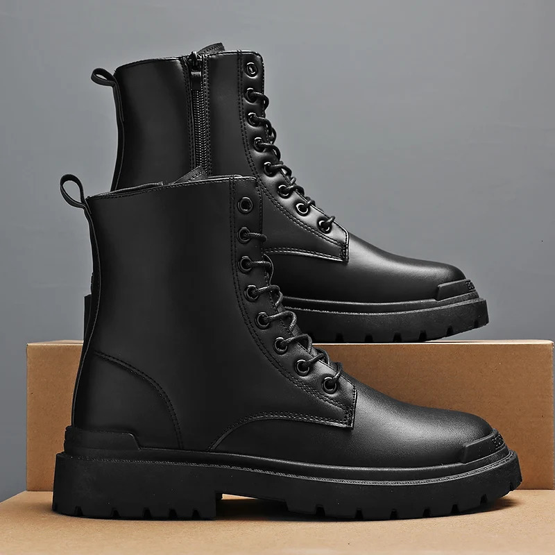 Men Black Leather Boots British Style High Top Fashion Work Boots Outdoor Street Fashion Chelsea Men Shoes Comfortable Short 241114