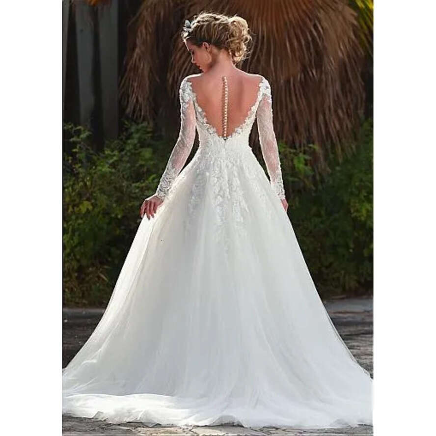 Elegant Lace A-E Dresses Illusion Necke Long Sleeve Vestios De Novia Tulle Applique Custom Made Sexy Back Bridal Wedding Gowns
