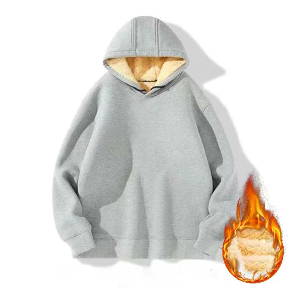 Mens high-quality wool lined hooded sweatshirt long sleeved solid color winter warm hooded sweatshirt mens top 241120