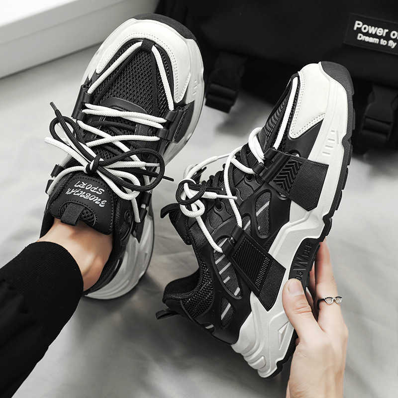 High Quality Spring mens shoes new drip plastic mesh breathable running sports dad shoes thick sole height increasing versatile casual shoes T241126