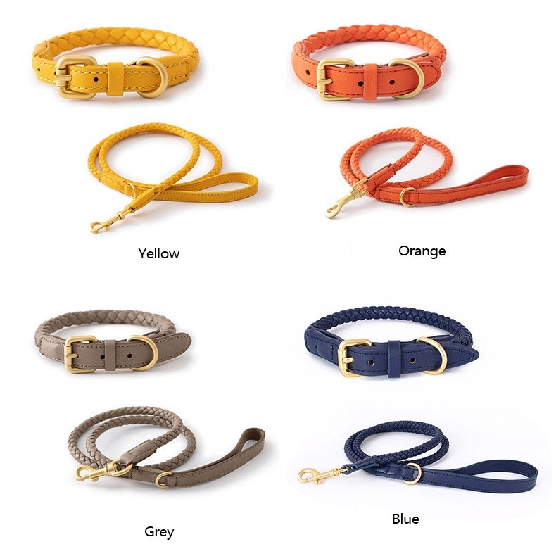 Manufacturer Pet Dog Collar Leash set Luxury Braided Leather Dog Leash Set Leather Woven Collar Leash For Dogs