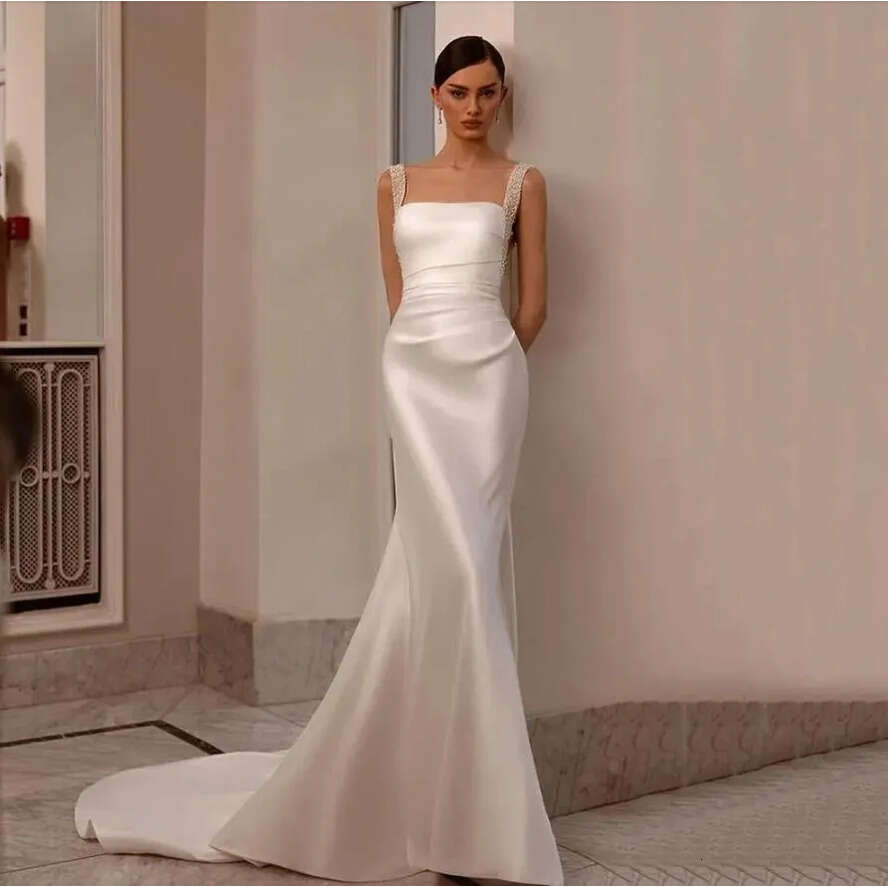 Elegant Satin Mermaid Wedding Dresses Square Collar Beaded Pearls Bridal Gowns With Detachable Skirt Backless Robes For Formal Party Vestidos De Novia