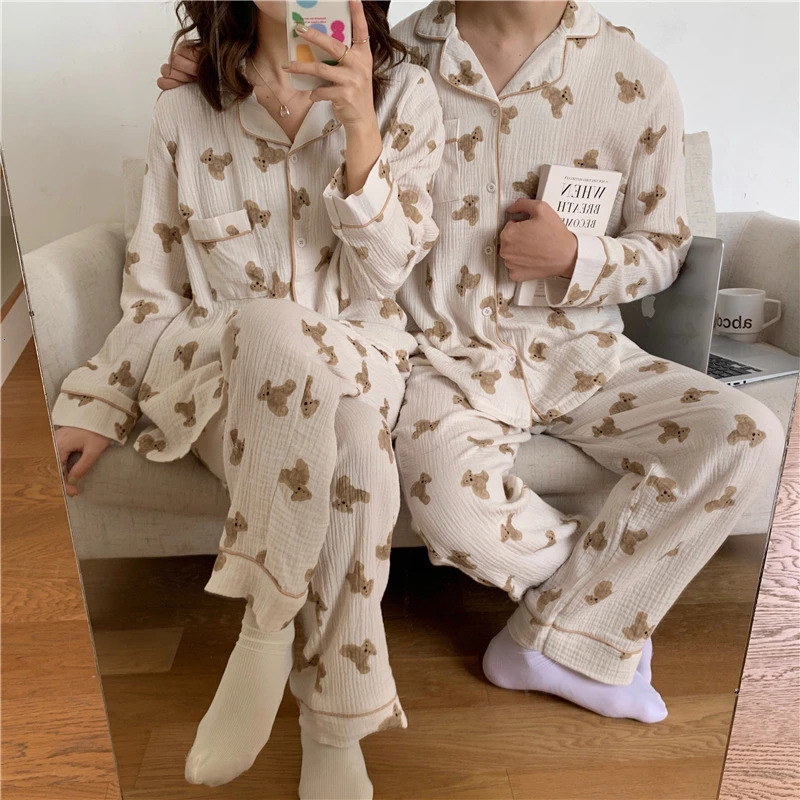 Couple Kavay Cotton Autumn Pajama Set Womens Casual Cotton Two Piece Set Family Set Pajama Pocket Retro 241126