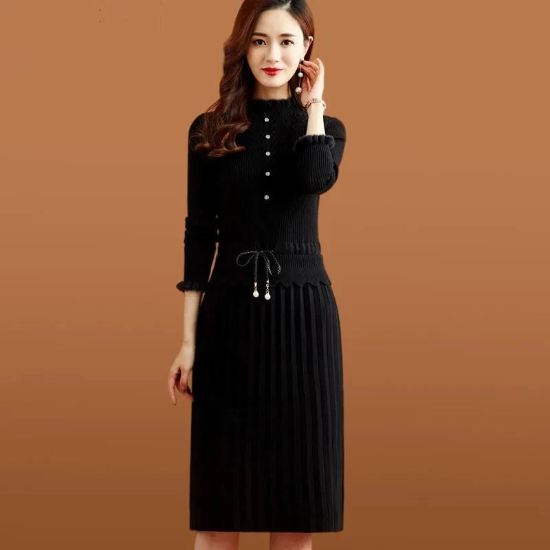 Wrinkled Knitted Dress Bottom Sweater Two Piece Womens Retro Elegant Long Sleeve Autumn Casual Slim Fit Midi Vestidos 241125