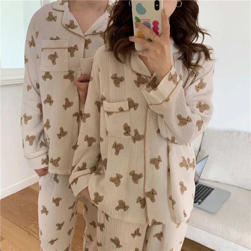 Couple Kavay Cotton Autumn Pajama Set Womens Casual Cotton Two Piece Set Family Set Pajama Pocket Retro 241126