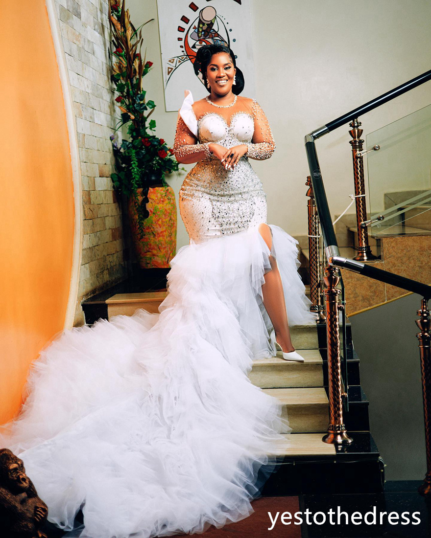 2024 Luxurious Mermaid Wedding Dresses Bridal Gowns Plus Size Illusion Side Split Rhinestones Pearls Beaded Lace Wedding Gown for African Black Women 