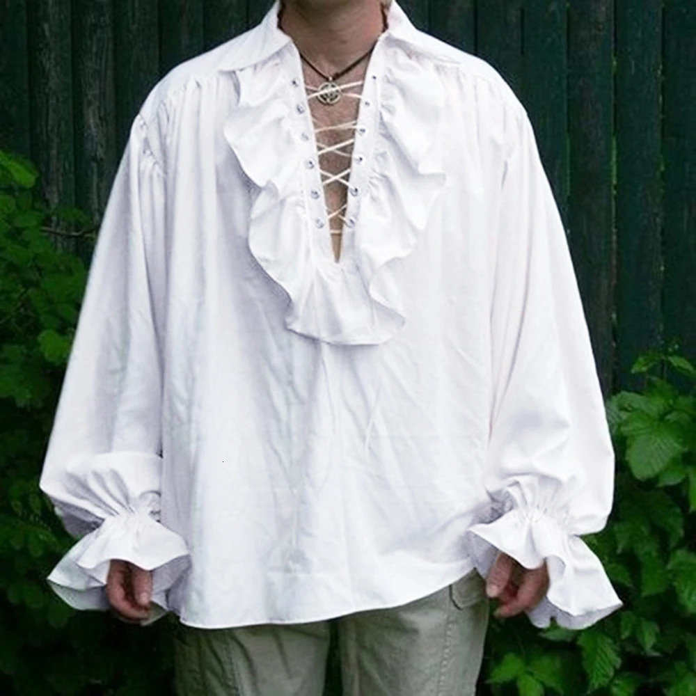 Mens Renaissance clothing pleated long sleeved lace medieval steampunk pirate shirt role-playing prince drama stage costume top 241126