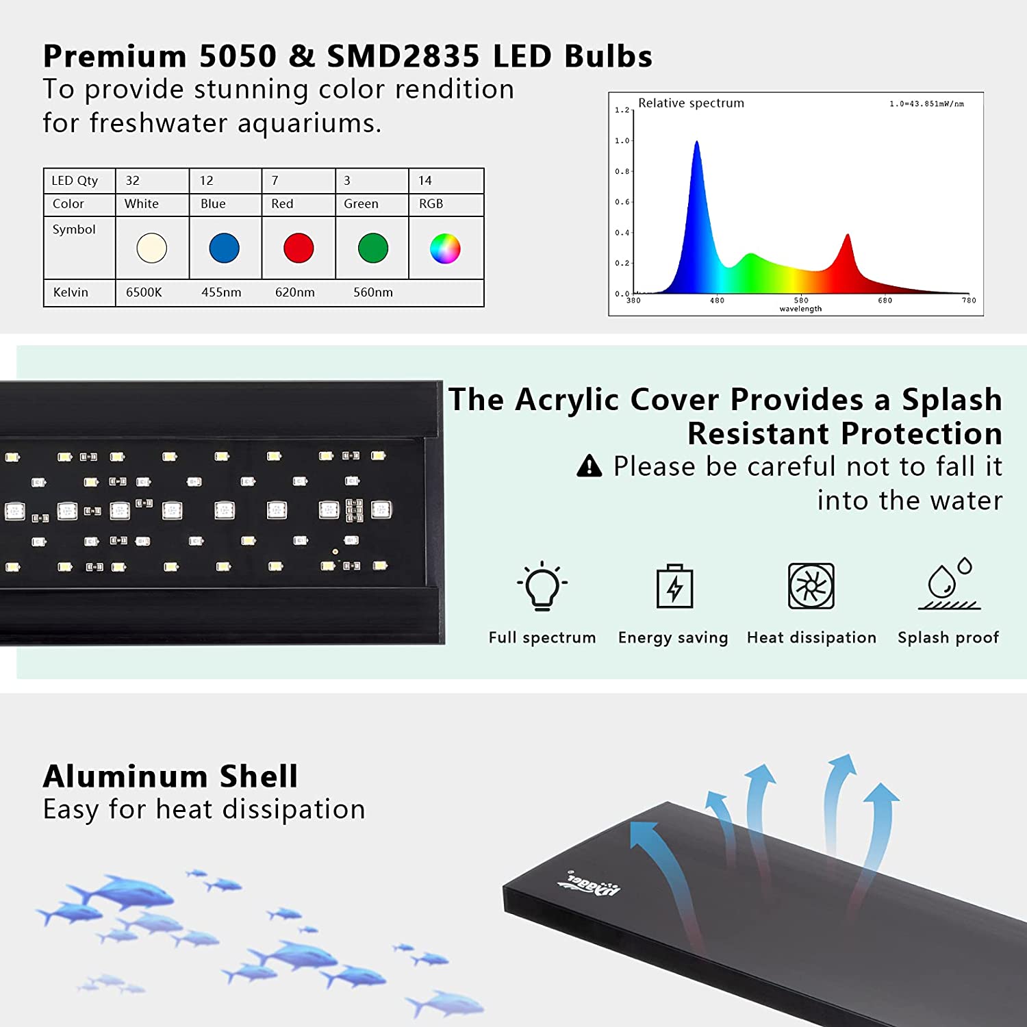 Hygger Aquarium Fish Tank Clip-on Light Aquarium Plant Full Spectrum LED Lamp with Built-in Timer