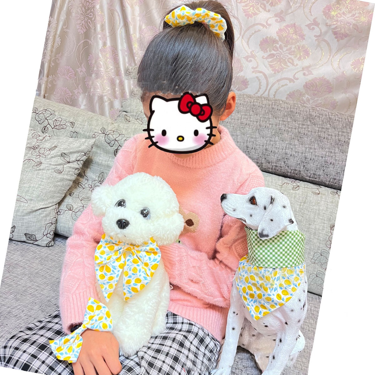 4pcs Tropical fruit style pet triangle scarf set dog KERCHIEF cat bow collar scrunchies double layer ties bandana set