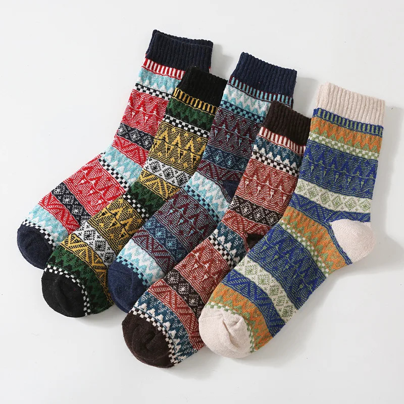 Japanese retro mens thick warm socks autumn and winter geometric style striped wool socks Scandinavian mens long socks 241126