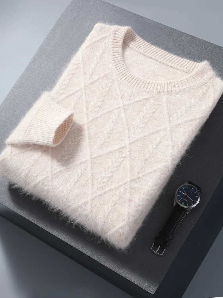 100% mink cashmere autumn mens O-neck sweater cable knitting thick drawing high-quality intelligent cashmere knitting X241126