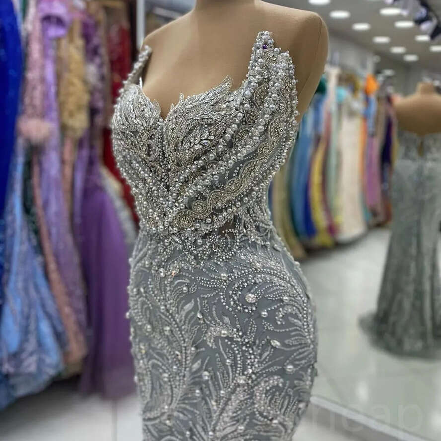 2024 Aso Ebi Plus Size Grey Mermaid Prom Dress Crystals Beaded Sequined Evening Formal Party Second Reception Birthday Engagement Thangiving Gowns Dre