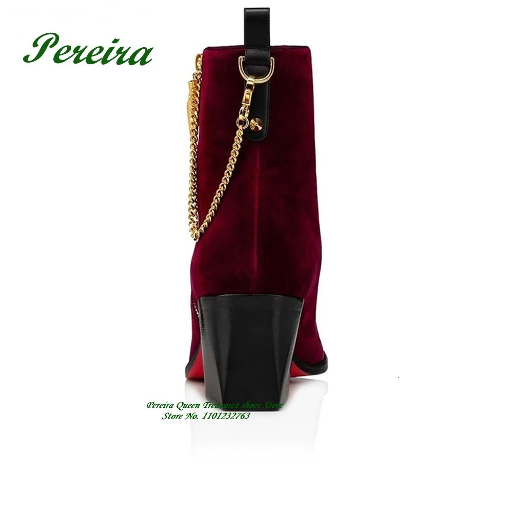 Foot strap suede gold zipper mens Chelsea boots red velvet leather round toes handmade gold chain decorative block boots 241125