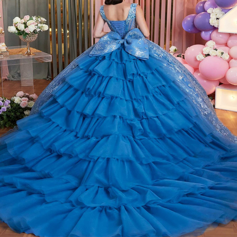 Blue Shiny Quinceanera Dresses Off Shoulder Vestidos De 15 Anos With Cape Sequin Applique Bow Beads Tull Formal Birthday Party Sweet 16 Dress