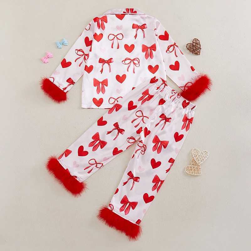 Clothing Sets Kids Baby Girl Pajama Sets Valentines Day Loungewear Set Heart Bow Print Plush Trim Lapel Neck Button-up Tops+Pants Sleepwear H241126
