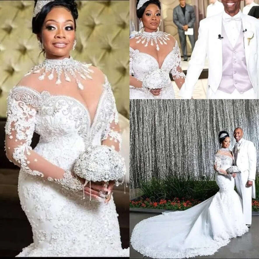 2020 South African Mermaid Wedding Dresses Lace Crystals Beading Long Sleeves Bridal Gown High Sheer Neck Plus Size Dress Bc2480