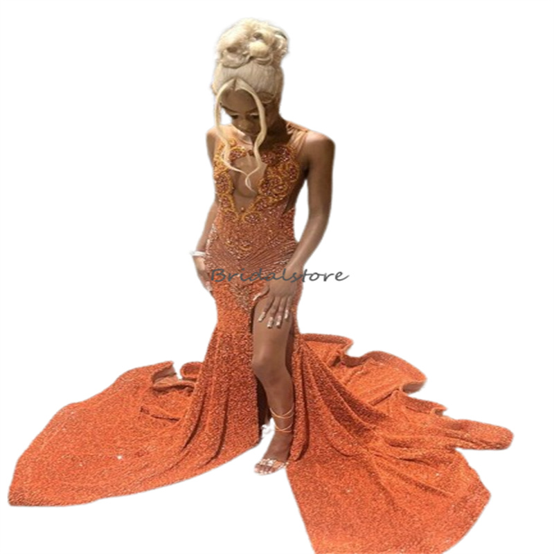 Luxury Sequin Orange Prom Dress For Black Girls Beaded Crystal Birthday Party Dresses Evening Wear With High Slit Court Train Ceremony Shine Robe De M