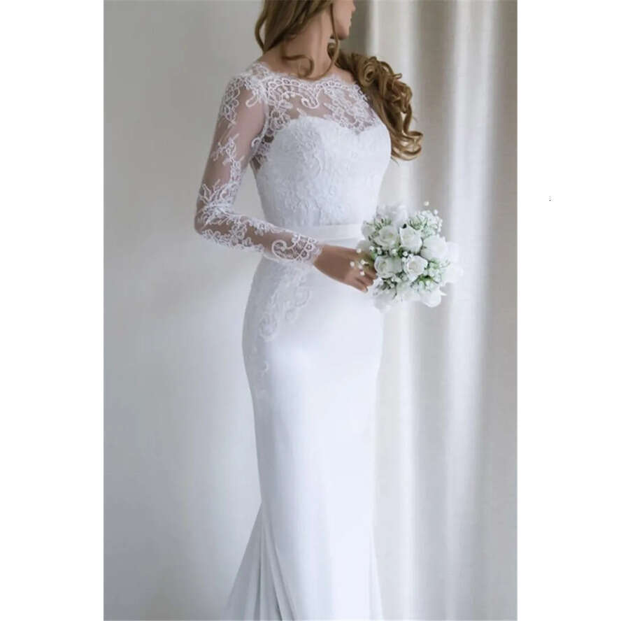 White Lace Mermaid Dresses 2020 Sheer Long Sleeves Satin Appliques Backless Vestido De Novia Plus Size Wedding Bridal Gowns
