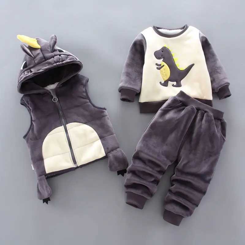 Clothing Sets Baby Boys Clothing Sets Winter Plus Velvet Thick Warm 3Pcs Outift Cartoon Dinosaur Children Clothes Sport Tracksuit Set For Kids H241126