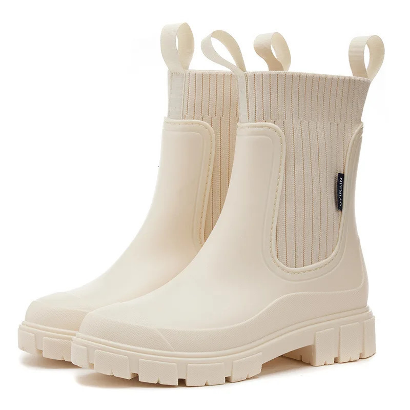 Boots solid small legs shallow PVC round toes womens rain boots platform womens waterproof boots Markdown sales 241126