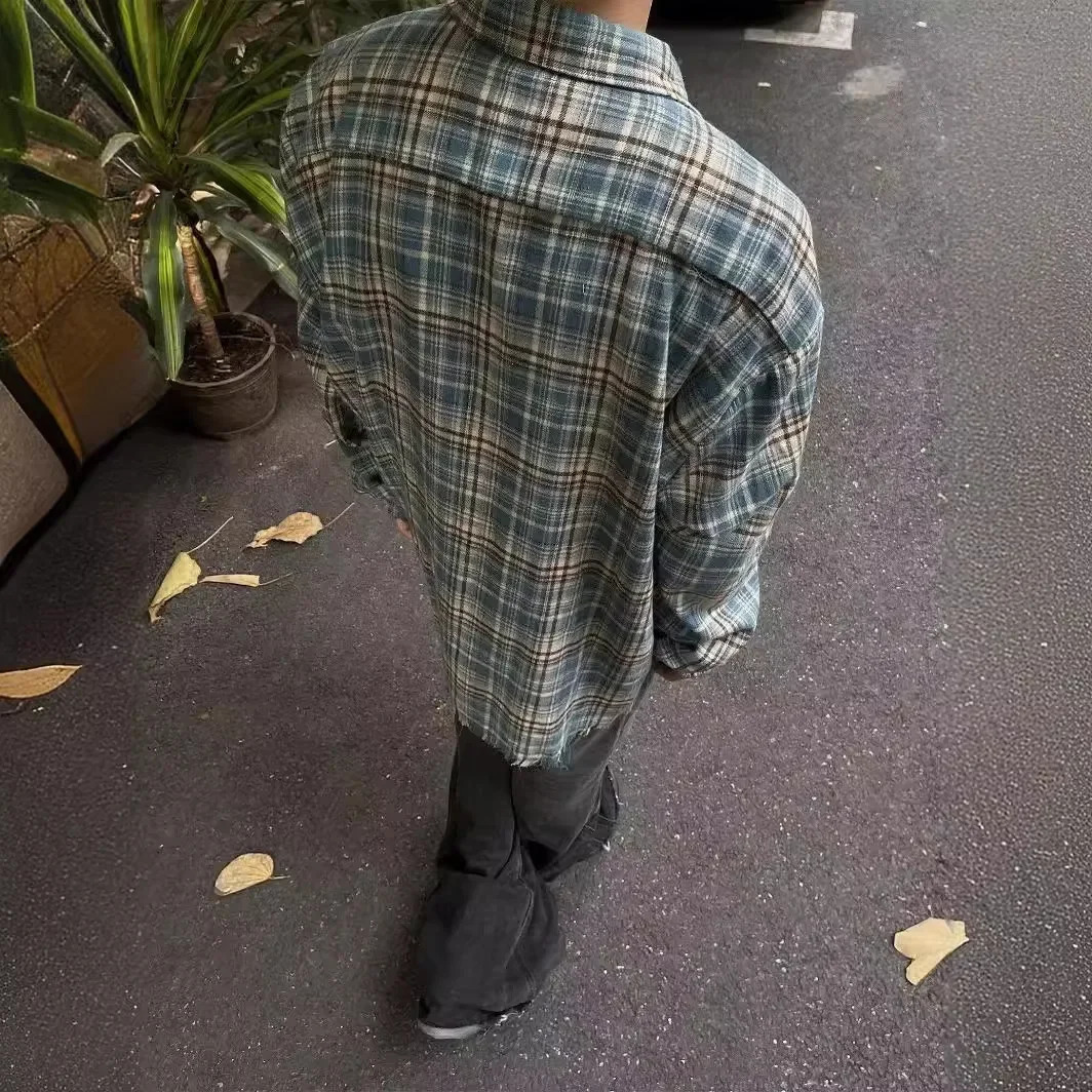 Retro blue checkered shirt with loose fit and casual American style mens and womens fashionable jacket for spring and autumn 241126
