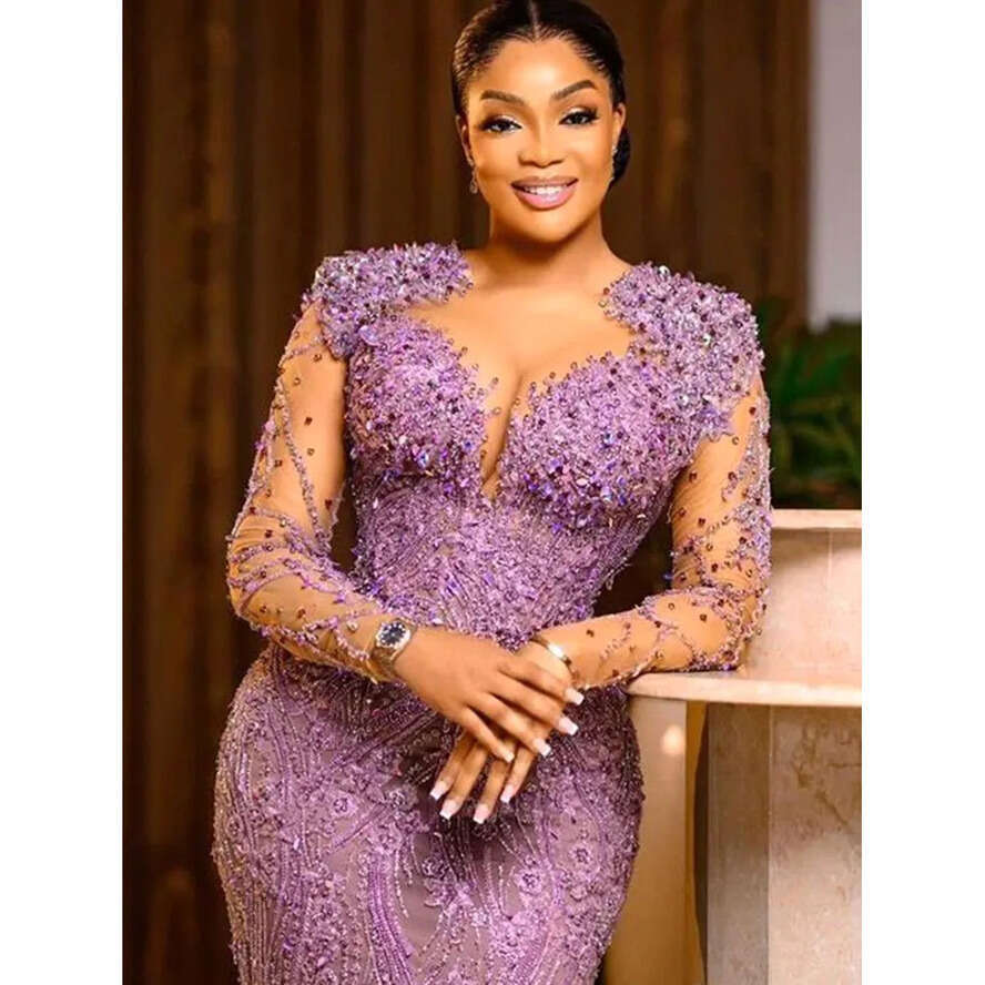 2024 Aso Ebi Lilac Sheath Prom Dress Beaded Lace Sexy Evening Formal Party Second Reception Birthday Engagement Gowns Dresses Robe De Soiree Bc19032 0