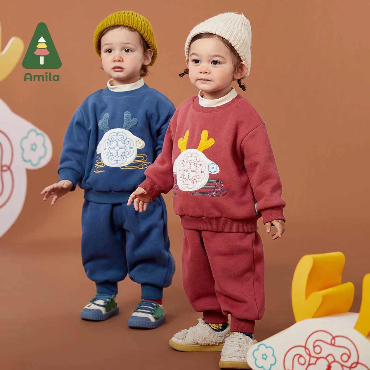 Clothing Sets Amila Babys Set 2024 Winter New Boys and Girls Cartoon Fashion Casual Chinese Elements Embroidered Warmth Kids Suits H241126