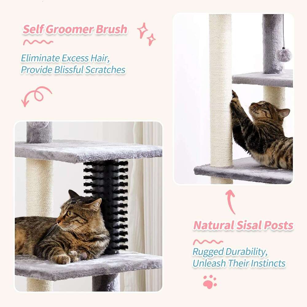 Made4Pets Cat Tree, 52.4" Tall Indoor , Multi-Level Large Cat Condo with Scratching Posts and Pompoms, Plush Kitten Climbing Tower with Cat Groom