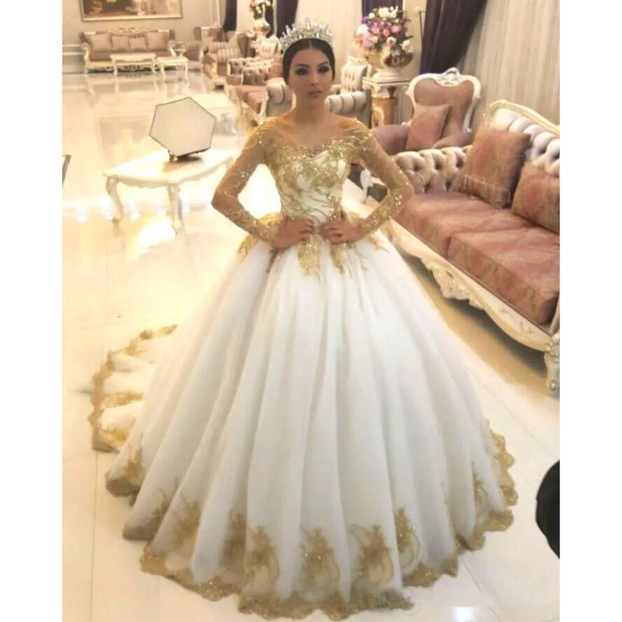 Elegant Sheer Long Sleeves Lace A E Dresses Arabic Organza Gold Applique Beaded Court Train Wedding Bridal Gowns Bc1704
