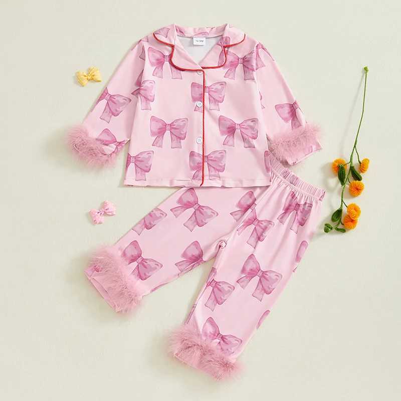 Clothing Sets 2-7Years Kids Girl Bow Print Pajama Sets Fall Winter Long Sleeve Lapel Neck Button-up Tops and Long Pants Plush Trim Loungewear H241126