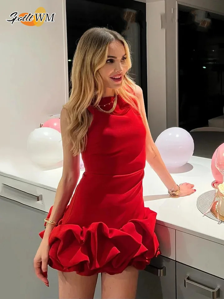 Fashion Solid Ruffled Hem Sleeveless Bodycon Short Dress Women Elegant Oneck Slim Mini Dresses Summer Sexy Lady Party Vestidos 241112