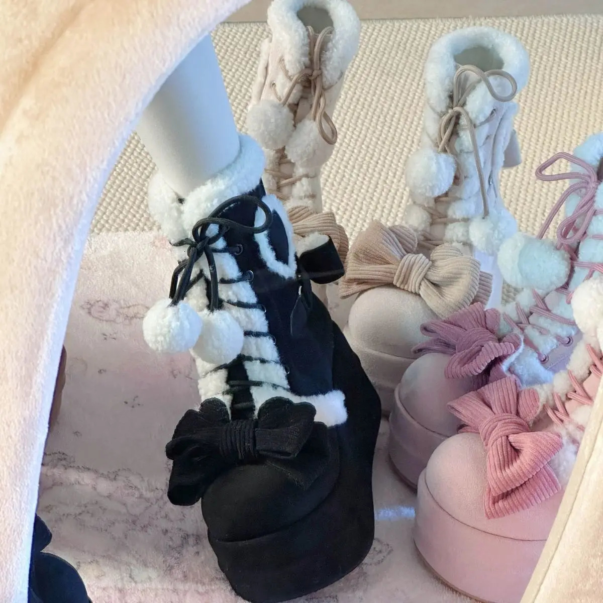 Lovely Girls Lolita Winter Mid-Calf Snow BootsCute Female Students Bowknots Lace Up Wedge Heel Plush Warm Heightening Shoes 241126