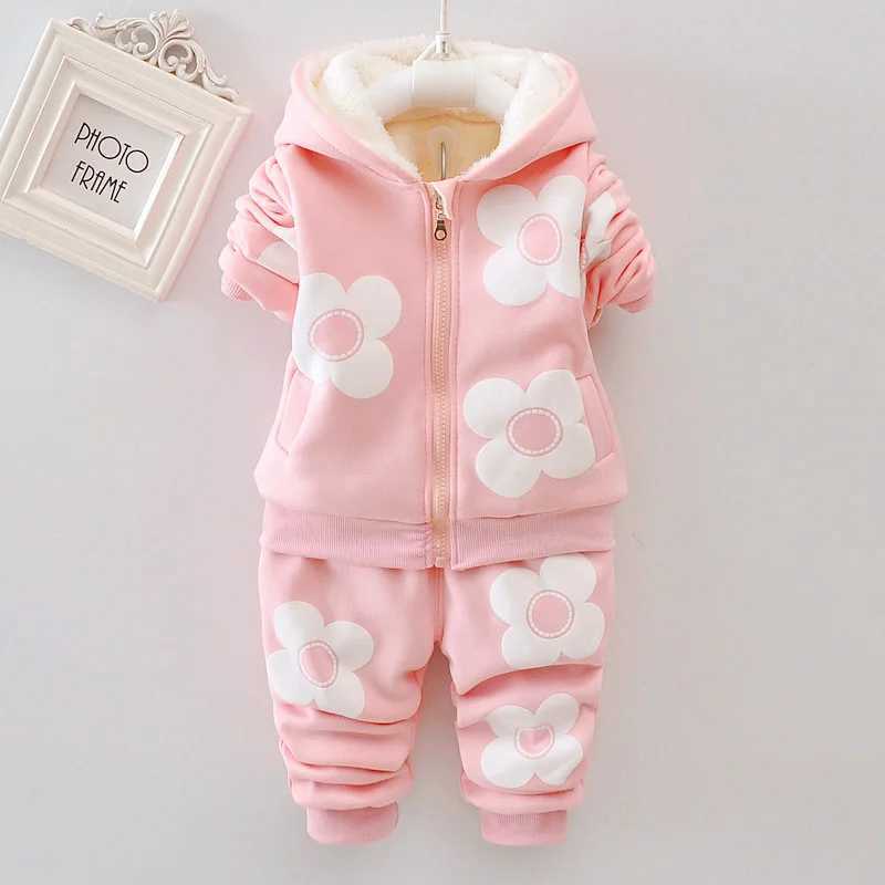 Clothing Sets Baby Girls Flower Cartoon Thickk Woolen Autumn Winter Hoodied Jacket Coat Pants Clothing Set Children Kids Warm Clothes Suits H241126