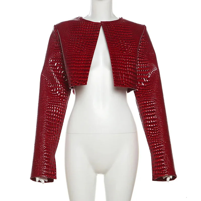 Womens fashionable red PU leather jacket crop top O-neck long sleeved open seam casual streetwear jacket Y2K clothing jacket 241126