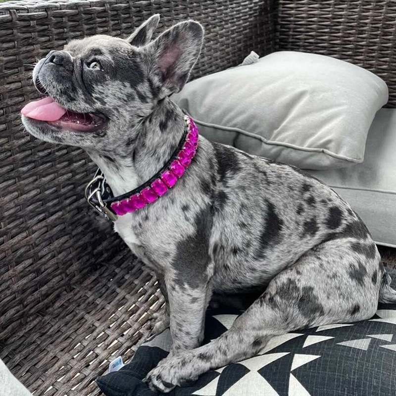 Gemstone Dog Puppy Zircon Sugar PU Leather Collar Handmade Dia Iced Heart Pearl Cute Rock Candy Jewelry Necklace Pet Gift Purple XS B147