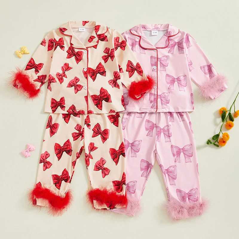 Clothing Sets 2-7Years Kids Girl Bow Print Pajama Sets Fall Winter Long Sleeve Lapel Neck Button-up Tops and Long Pants Plush Trim Loungewear H241126