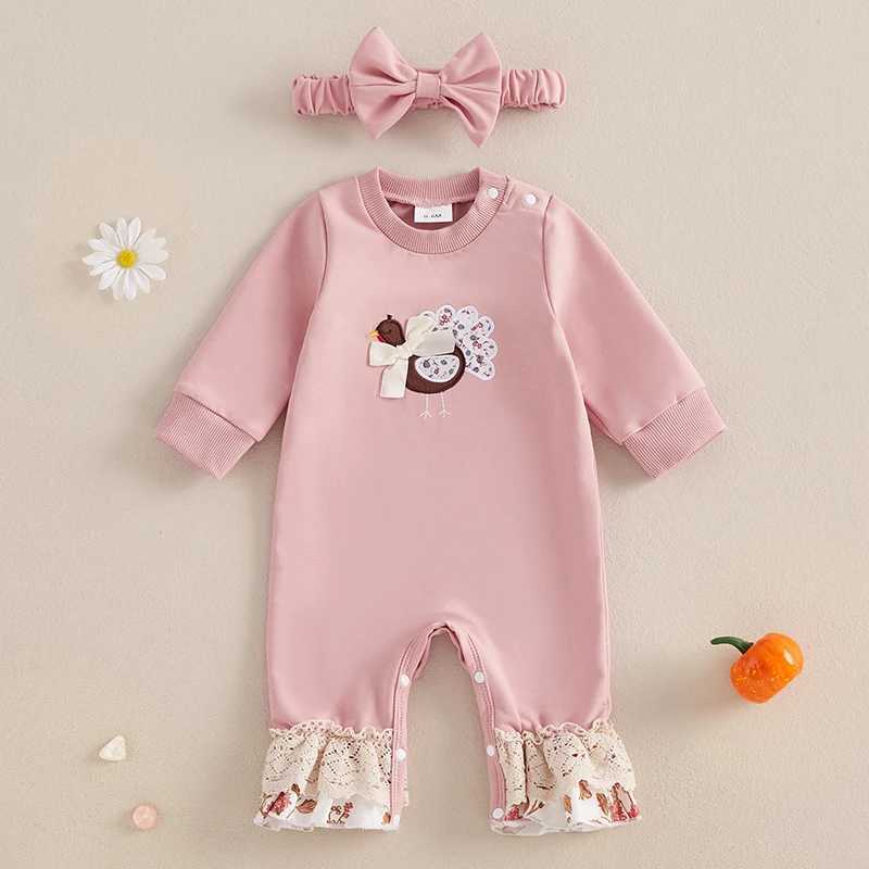 Clothing Sets Infant Girls 2-Piece Fall Harvest Ensemble featuring Adorable Turkey Embroidered Romper and Matching Headband - Cute H241126