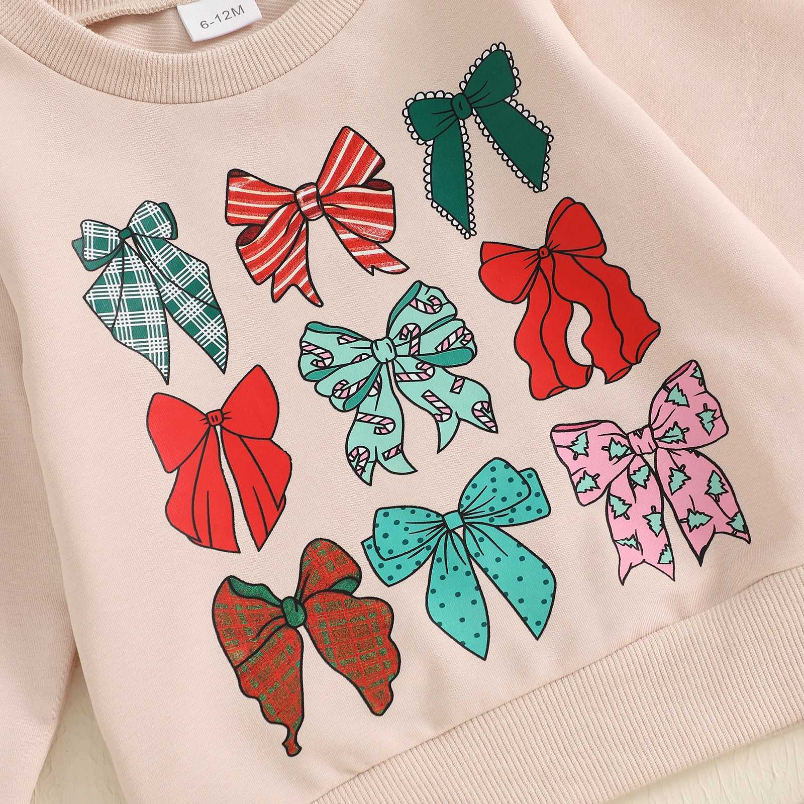 Clothing Sets 1-4Years Kids Baby Girl Christmas Outfits Fashion Autumn Bow Print Long Sleeve Sweatshirt with Flare Pants 2Pieces Toddlers Sets H241126