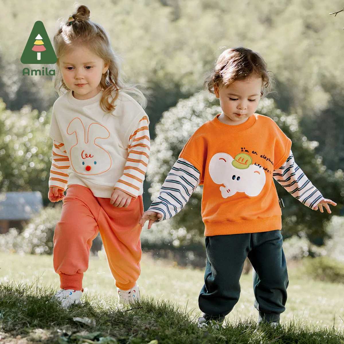 Clothing Sets Amila 2024 Spring New Boy Girl Set Stitched Sleeve Cartoon Animal Pattern 100% Cotton Casual Simple Kids Set H241126