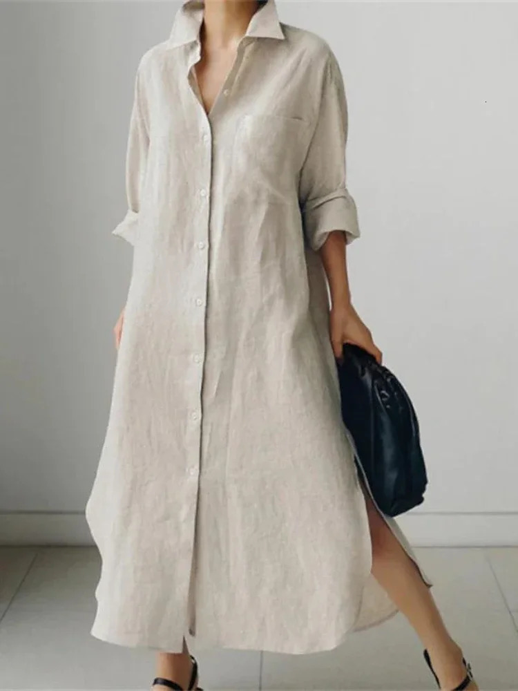 Summer Fashion Womens Cotton Linen Dress Shirt Elegant Loose Irregular Cardigan Single Breasted Long Sleeved 241112