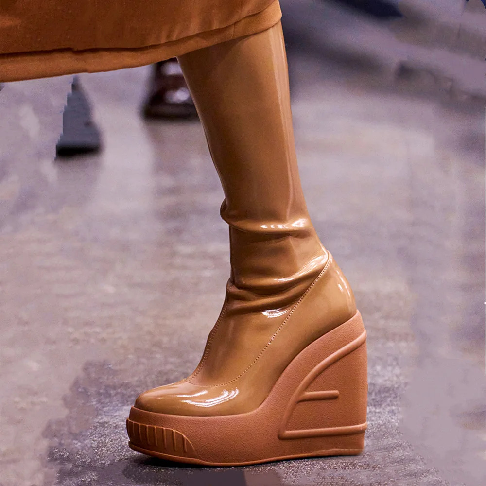 2024 Spring New Slope Thick Bottom Round Toe High Heel Fashion Sexy Cross-Border Women's Plus Size Knee-High Boots