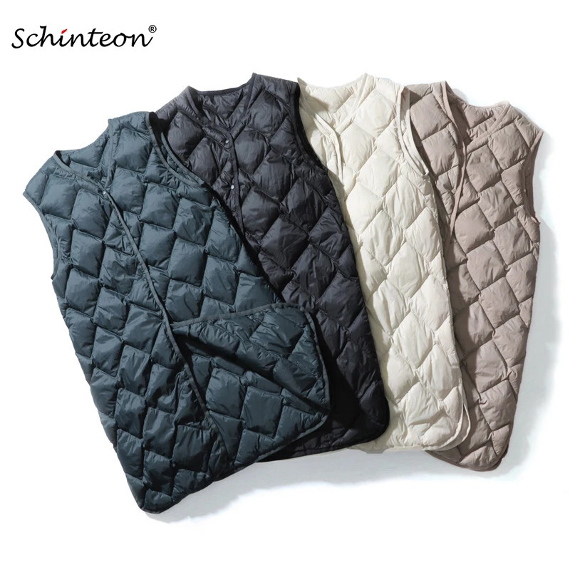 Schinteon womens ultra light white duck down long vest sleeveless jacket V-neck Argyle autumn winter fashion top item 241125