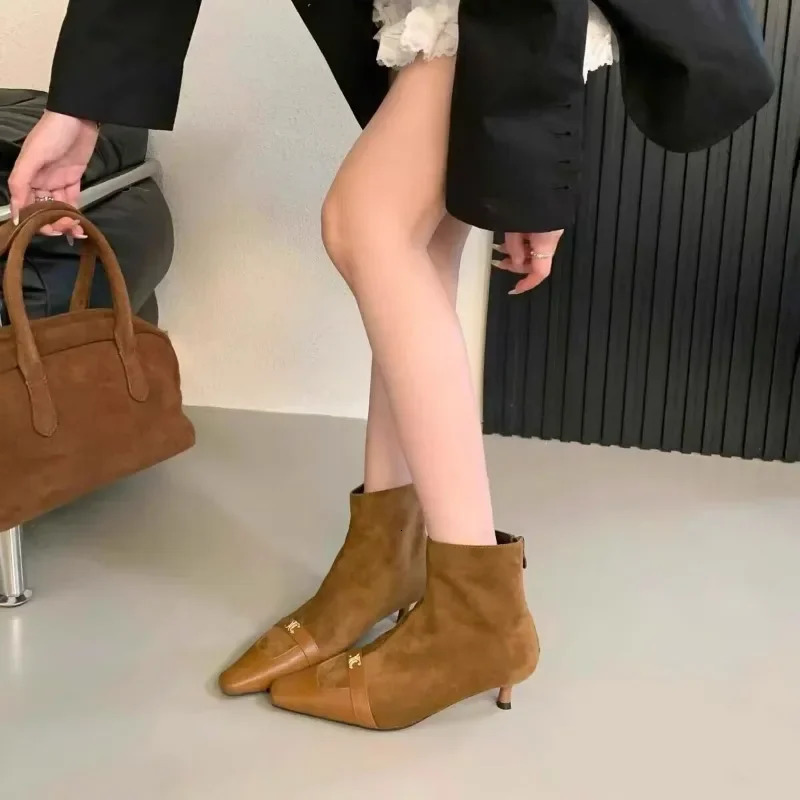 Footwear Pointed Toe Ladies Short Booties Slip On Shoes Fashion er Elastic Women Ankle Modern Boots Medium Heels Shoes 241114