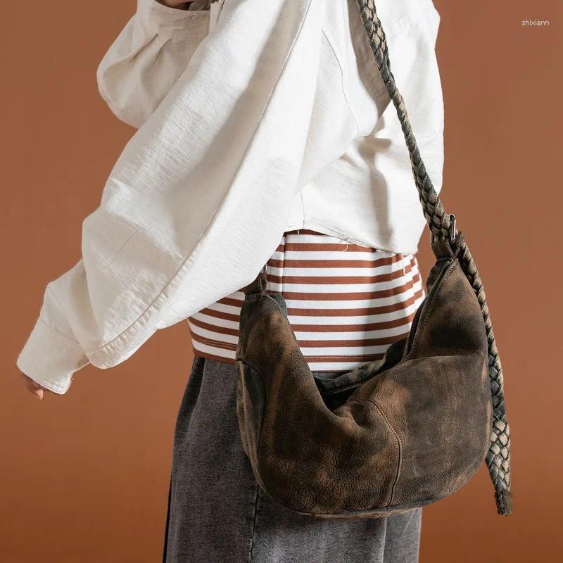 Totes Niche Design Original Retro Washed Bag Hand-woven Shoulder Strap Spliced Cowhide One-shoulder Cross-body Tote For Women zhanyishengli