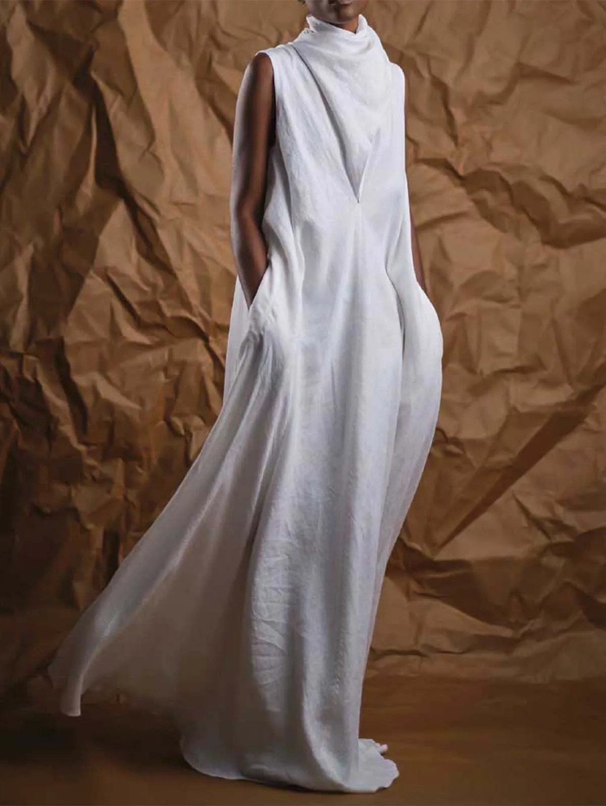 Women Fashion Linen Dresses Elegant Plain Deep V Neck Sleeveless Flowy Maxi Dress Casual Long Streetwear 241112