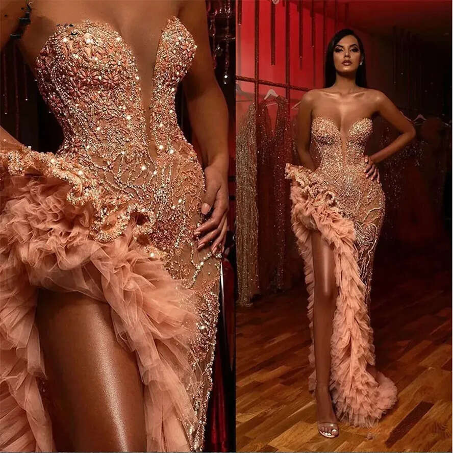 Sweetheart Mermaid Prom Dress 2024 Sparkly Beaded Ruffles High Slit Arabic Evening Gowns Vestidos De On Formales