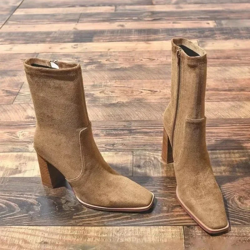 Ladies Shoes Side Zipper Womens Boots Winter Square Toe Solid Short Barrel Chunky Heel Fashion Boots Zapatos 241114