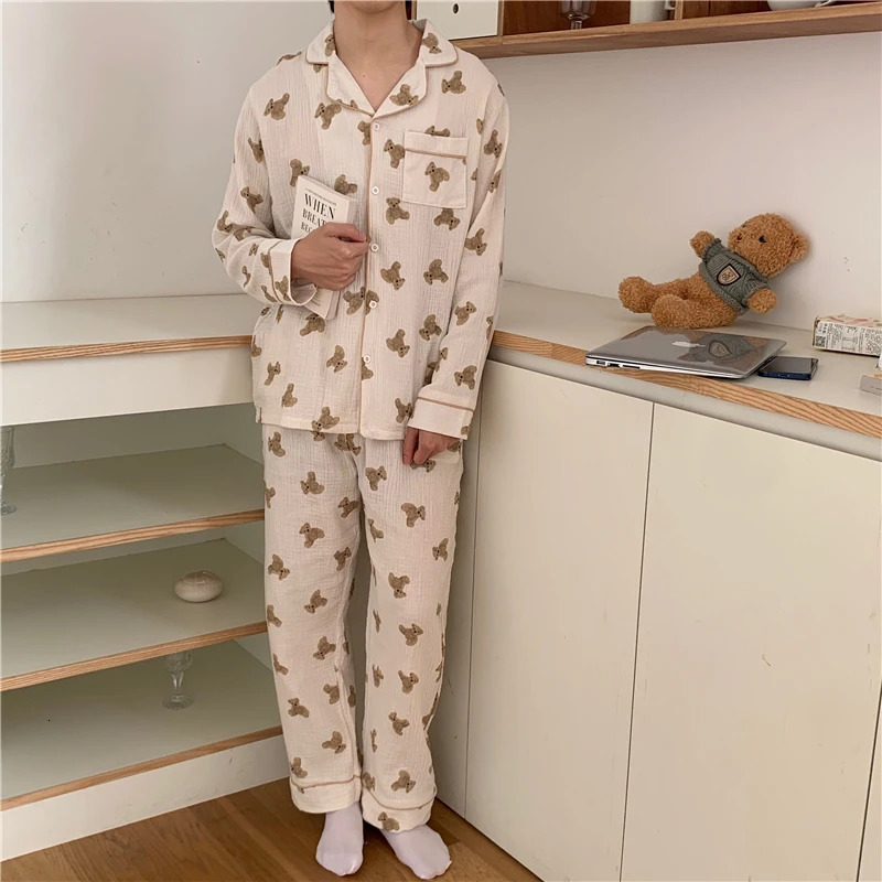 Couple Kavay Cotton Autumn Pajama Set Womens Casual Cotton Two Piece Set Family Set Pajama Pocket Retro 241126