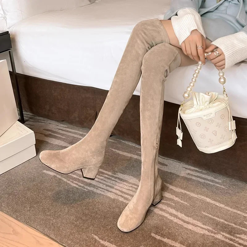 Elastic Long Faux Suede Boots Woman Over-the-knee Boots Casual Black Platform Shoes for Women Autumn Ladies Bottes 241114