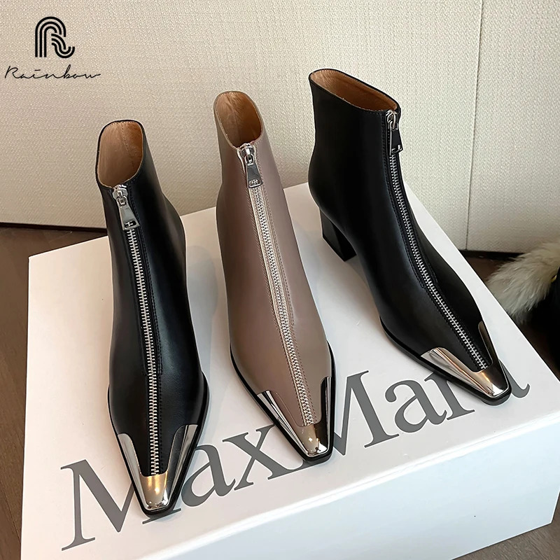 RAINBOW Size 34-39 Women Genuine Leather Ankle Chunky High Heel Pointed Toe Shoes Autumn Black Winter Boots Sexy Zippers